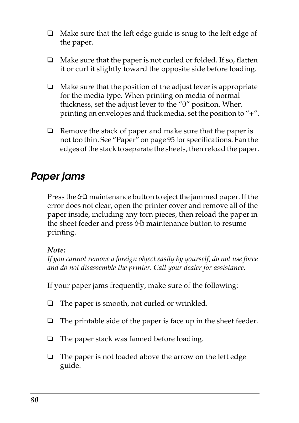 Paper jams | Epson 925 User Manual | Page 86 / 112