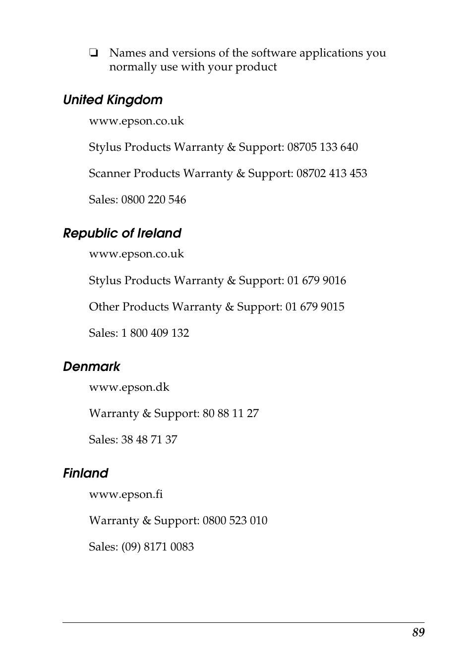 United kingdom, Republic of ireland, Denmark | Finland | Epson 925 User Manual | Page 95 / 112