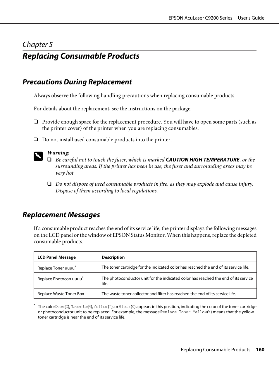 Replacing consumable products, Precautions during replacement, Replacement messages | Chapter 5 replacing consumable products, Chapter 5 | Epson AcuLaser C9200 Series User Manual | Page 160 / 271