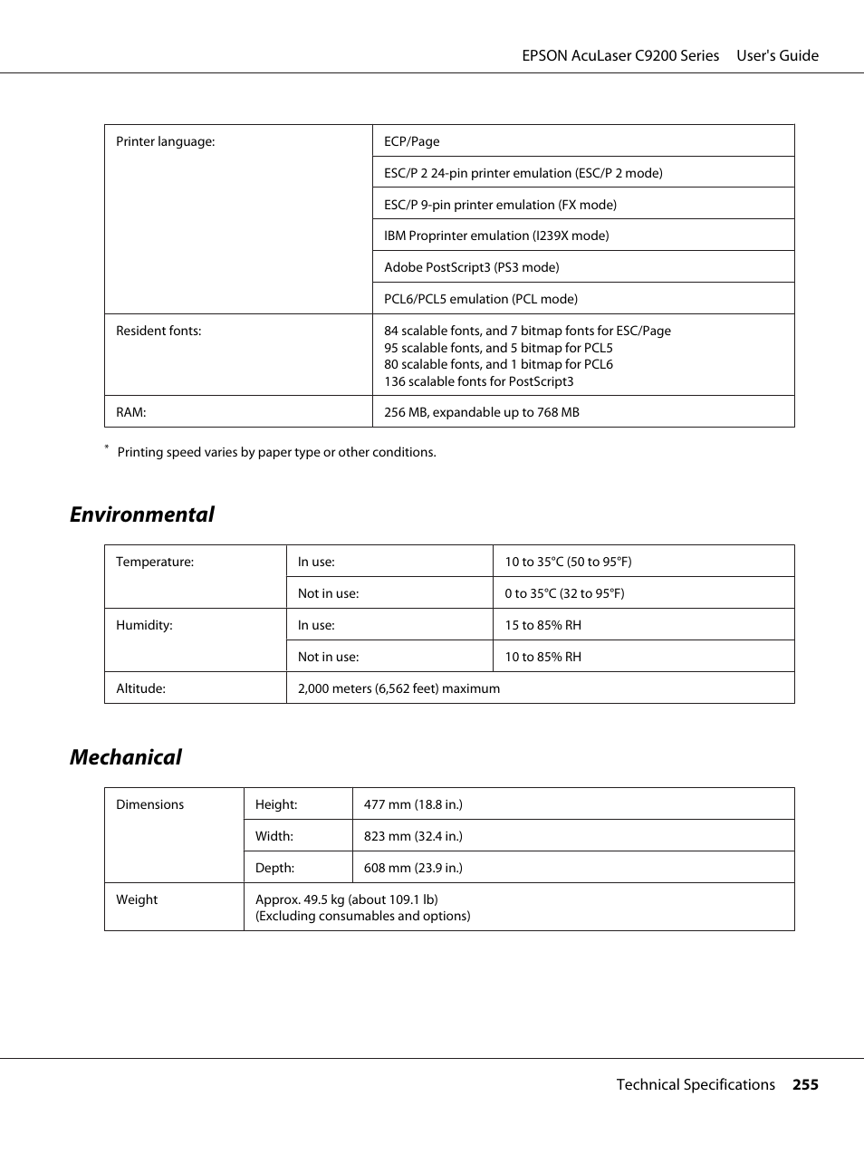 Environmental, Mechanical, Environmental mechanical | Epson AcuLaser C9200 Series User Manual | Page 255 / 271
