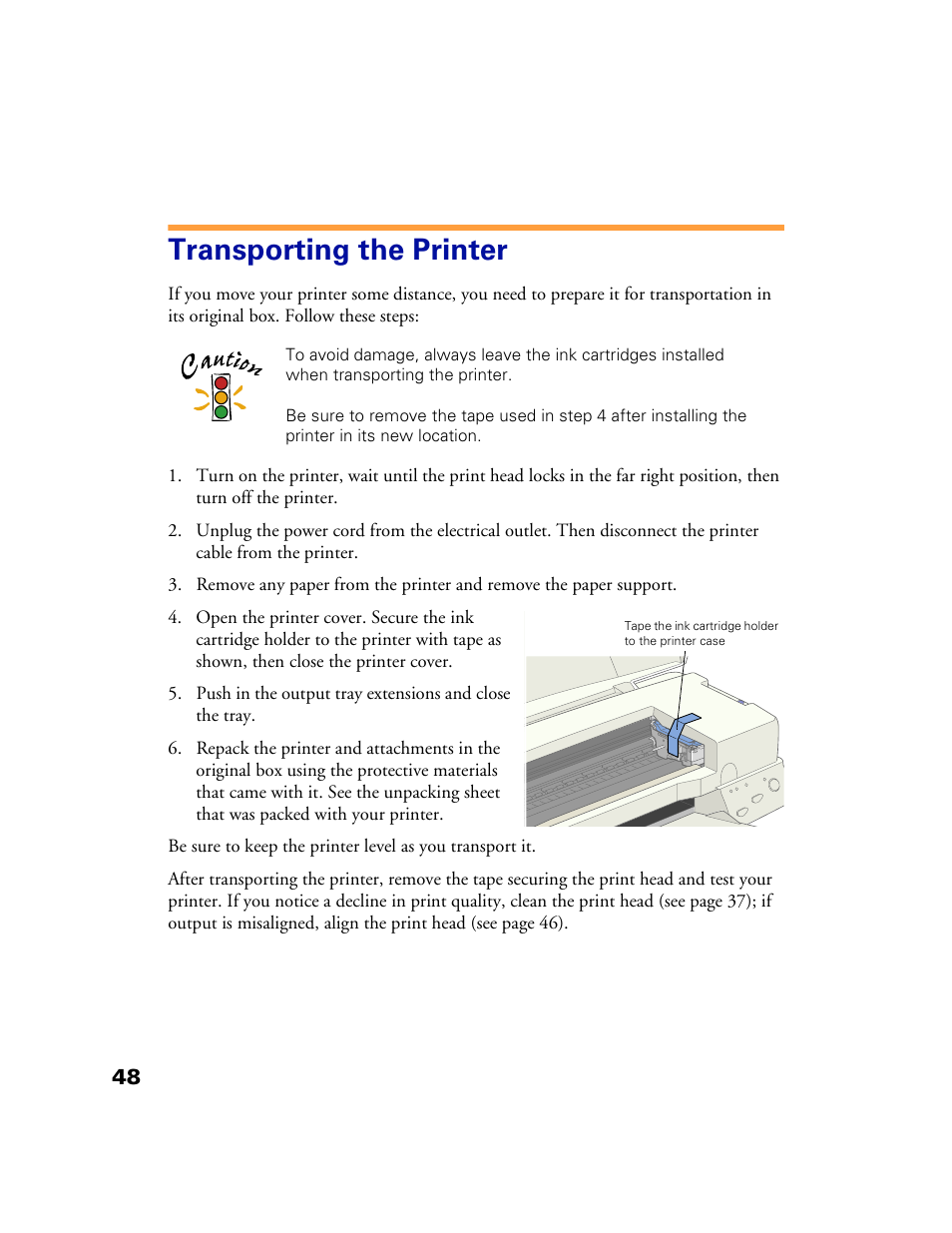 Transporting the printer | Epson 1160 User Manual | Page 53 / 73