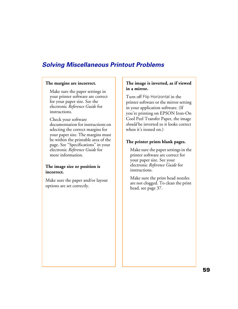 Solving miscellaneous printout problems | Epson 1160 User Manual | Page 64 / 73