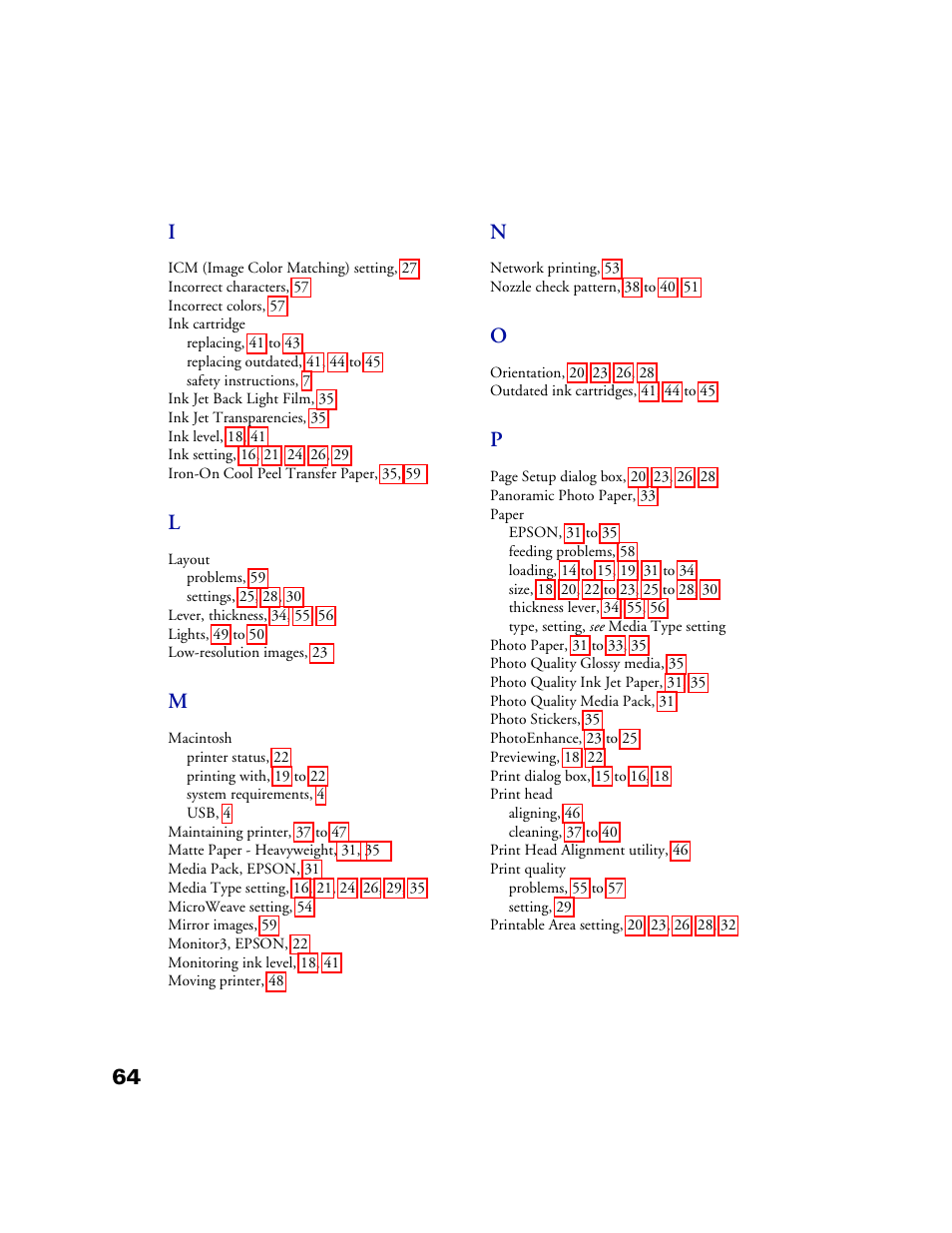 64 i | Epson 1160 User Manual | Page 69 / 73