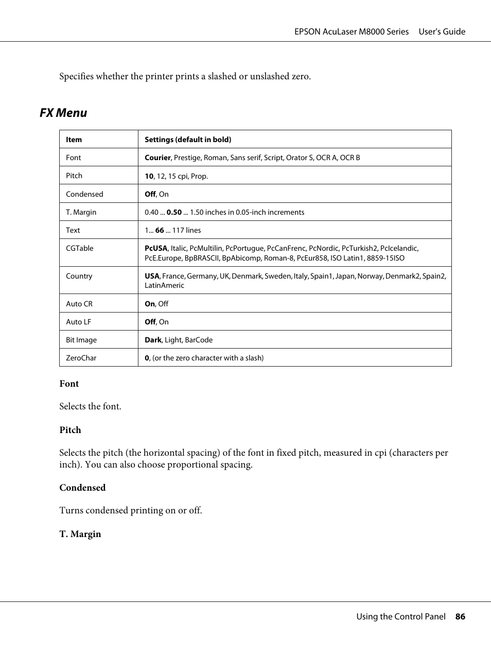 Fx menu | Epson ACULASER M8000 series User Manual | Page 86 / 248