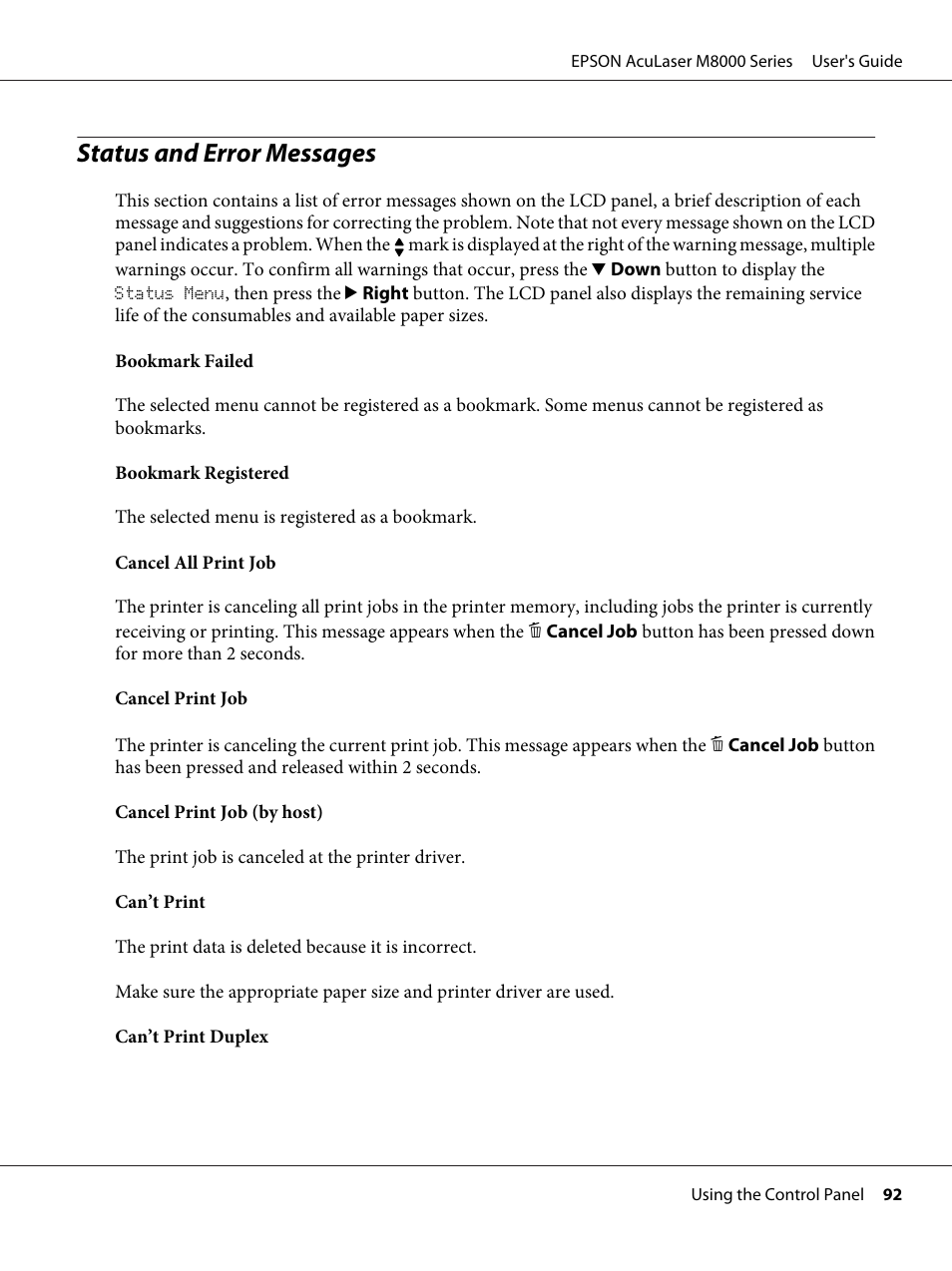 Status and error messages | Epson ACULASER M8000 series User Manual | Page 92 / 248