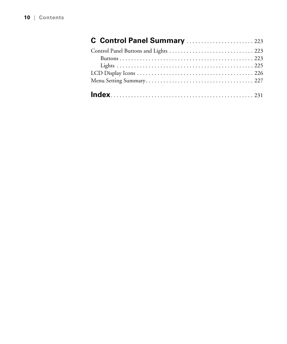C control panel summary, Index | Epson STYLUS 7900 User Manual | Page 10 / 238
