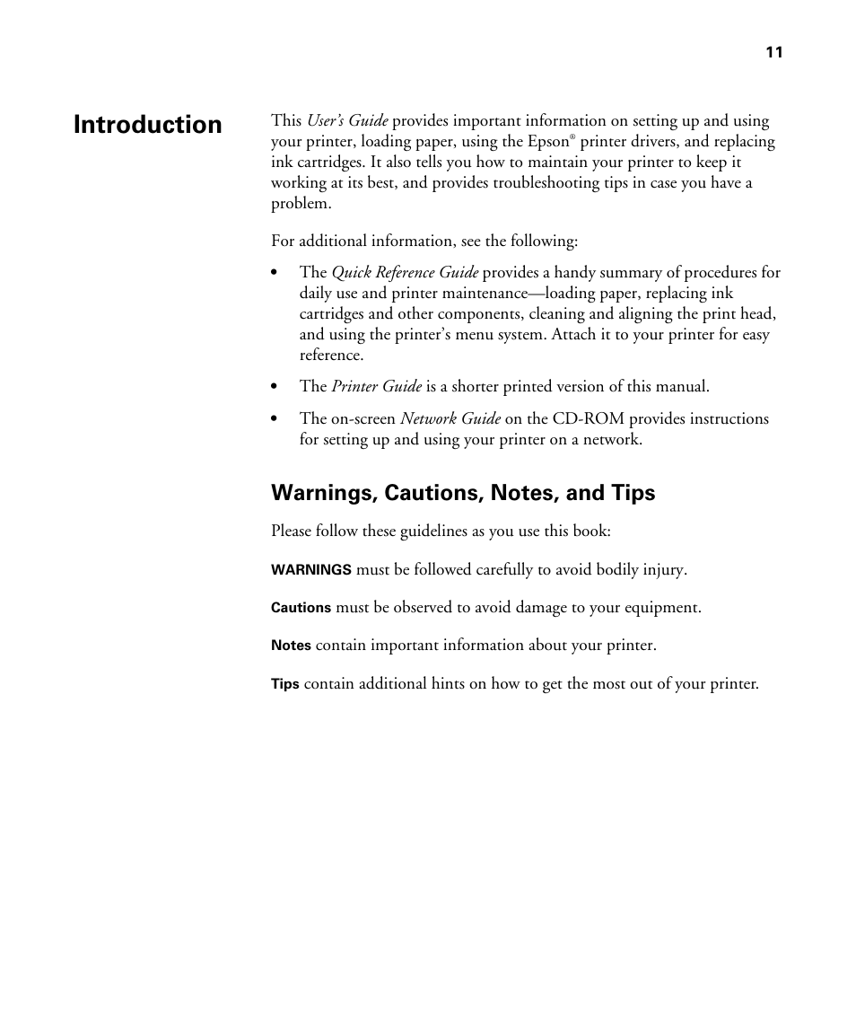 Introduction, Warnings, cautions, notes, and tips | Epson STYLUS 7900 User Manual | Page 11 / 238