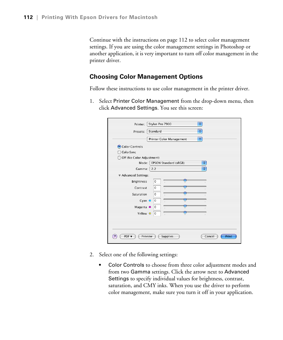 Choosing color management options | Epson STYLUS 7900 User Manual | Page 112 / 238
