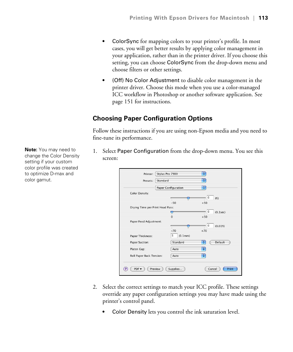 Choosing paper configuration options, Choosing paper configuration settings | Epson STYLUS 7900 User Manual | Page 113 / 238