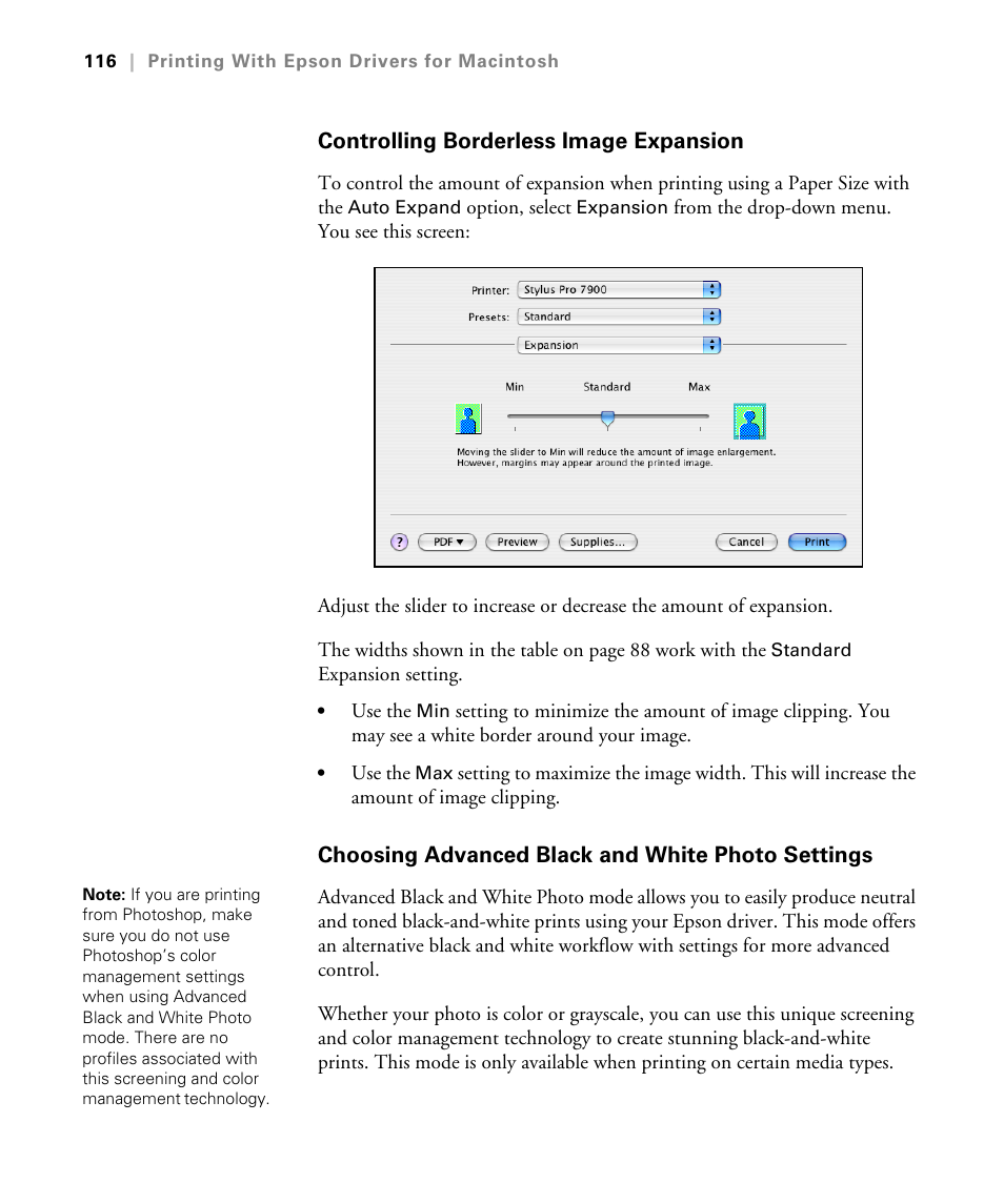 Controlling borderless image expansion, Choosing advanced black and white photo settings, Controlling expansion of borderless images | Epson STYLUS 7900 User Manual | Page 116 / 238