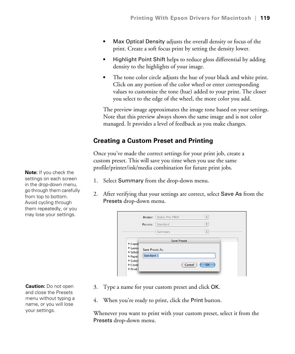 Creating a custom preset and printing | Epson STYLUS 7900 User Manual | Page 119 / 238
