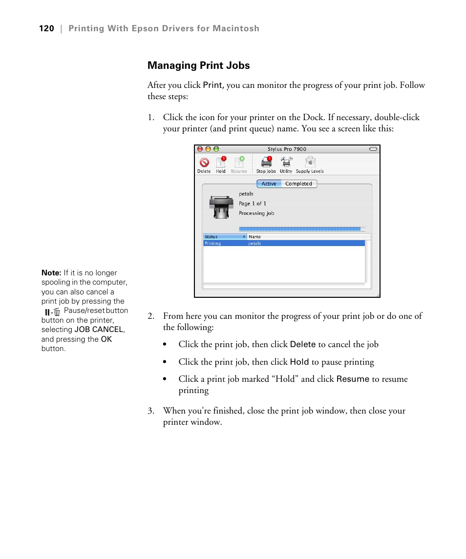 Managing print jobs | Epson STYLUS 7900 User Manual | Page 120 / 238