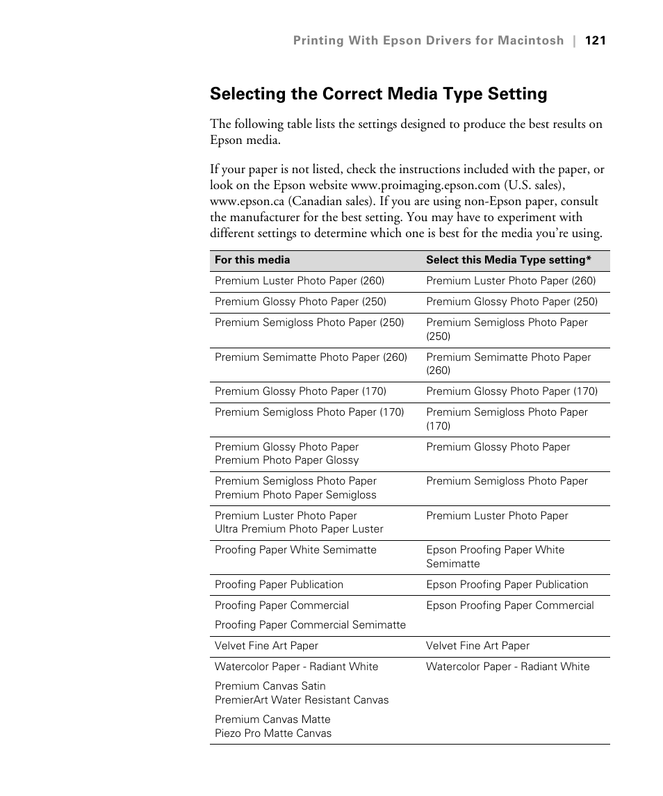 Selecting the correct media type setting | Epson STYLUS 7900 User Manual | Page 121 / 238