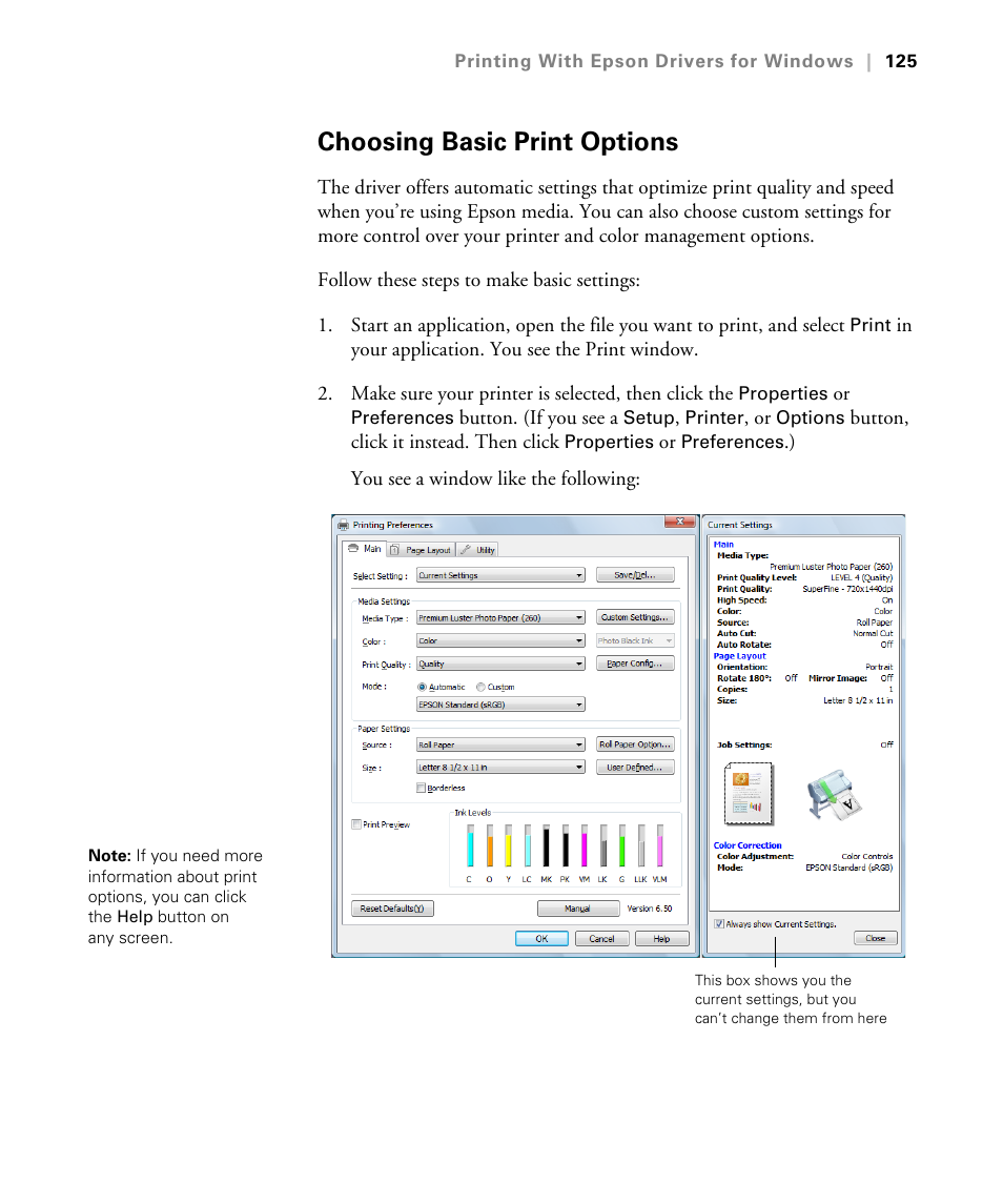 Choosing basic print options | Epson STYLUS 7900 User Manual | Page 125 / 238