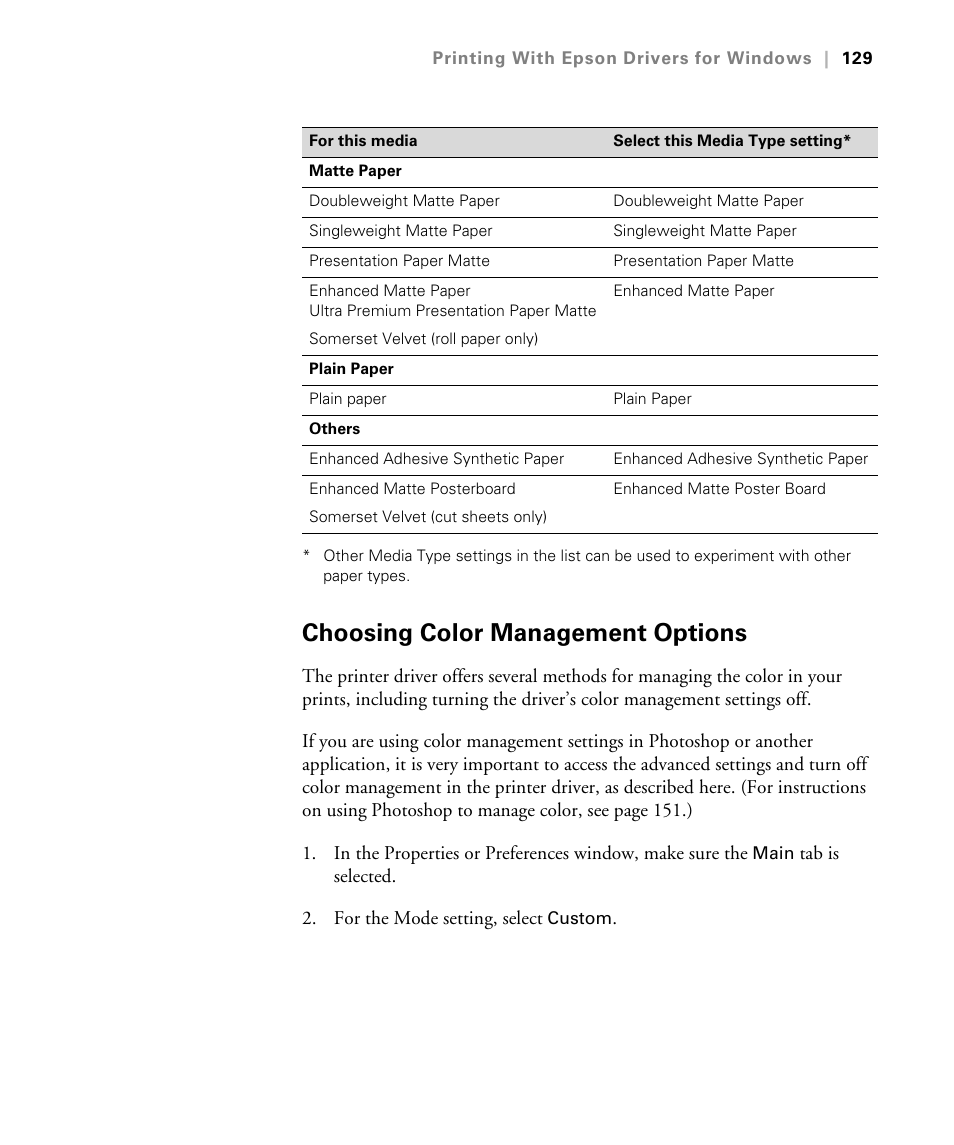 Choosing color management options | Epson STYLUS 7900 User Manual | Page 129 / 238