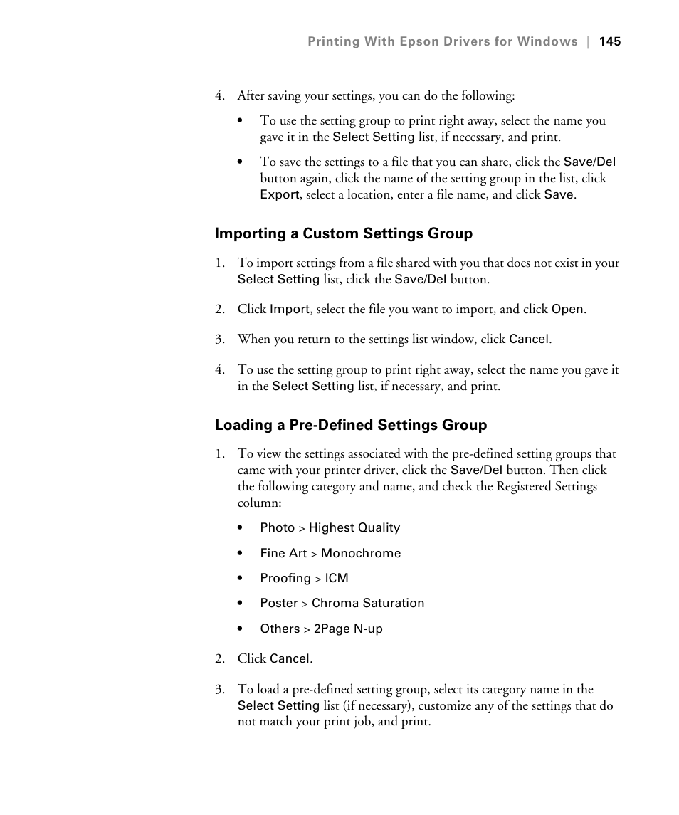Importing a custom settings group, Loading a pre-defined settings group | Epson STYLUS 7900 User Manual | Page 145 / 238