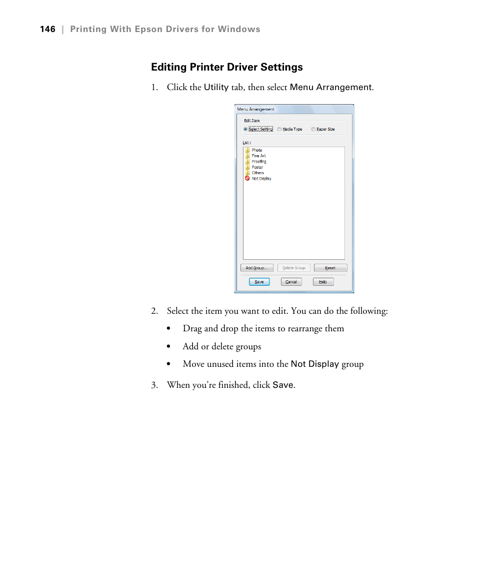 Editing printer driver settings | Epson STYLUS 7900 User Manual | Page 146 / 238