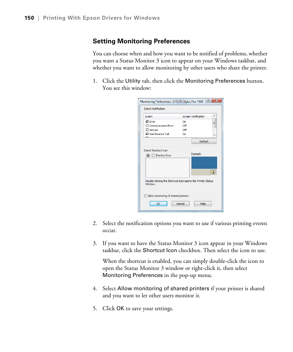 Setting monitoring preferences | Epson STYLUS 7900 User Manual | Page 150 / 238