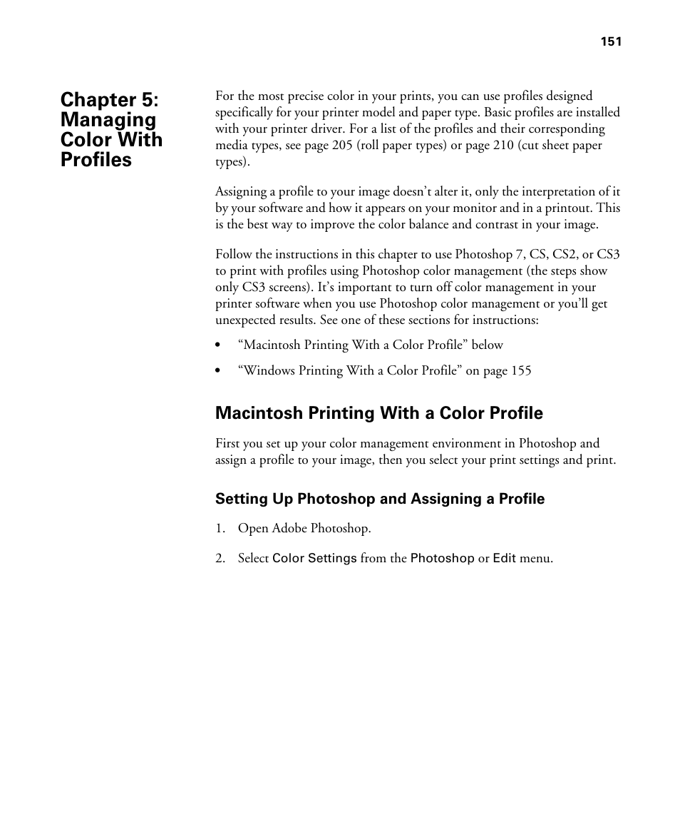 Chap 5-managing color with profiles, Macintosh printing with a color profile, Setting up photoshop and assigning a profile | 5 managing color with profiles, Chapter 5: managing color with profiles | Epson STYLUS 7900 User Manual | Page 151 / 238