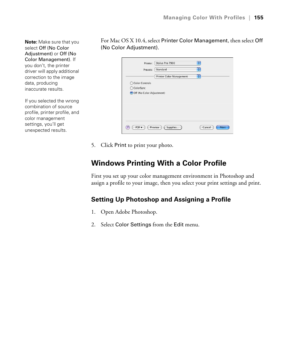 Windows printing with a color profile, Setting up photoshop and assigning a profile | Epson STYLUS 7900 User Manual | Page 155 / 238