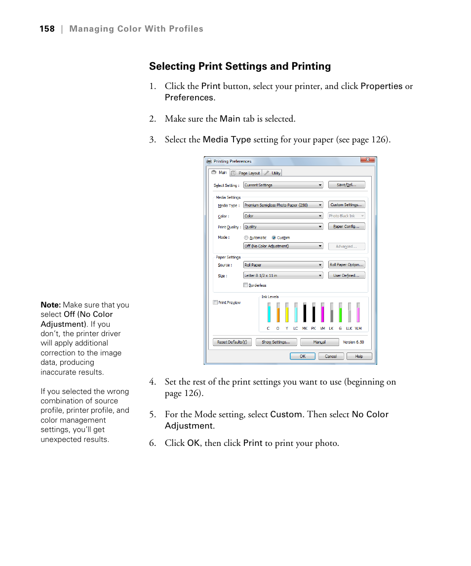 Selecting print settings and printing | Epson STYLUS 7900 User Manual | Page 158 / 238