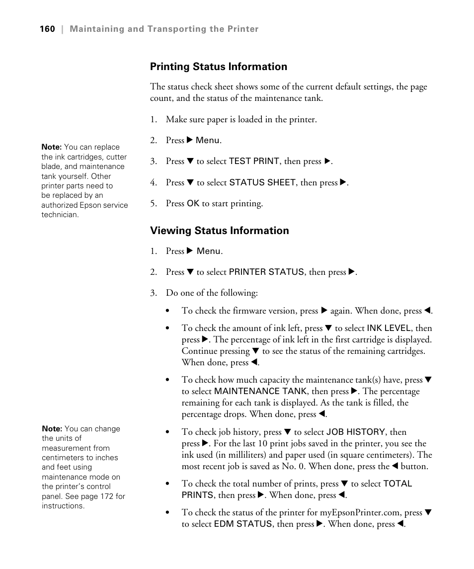Printing status information, Viewing status information | Epson STYLUS 7900 User Manual | Page 160 / 238