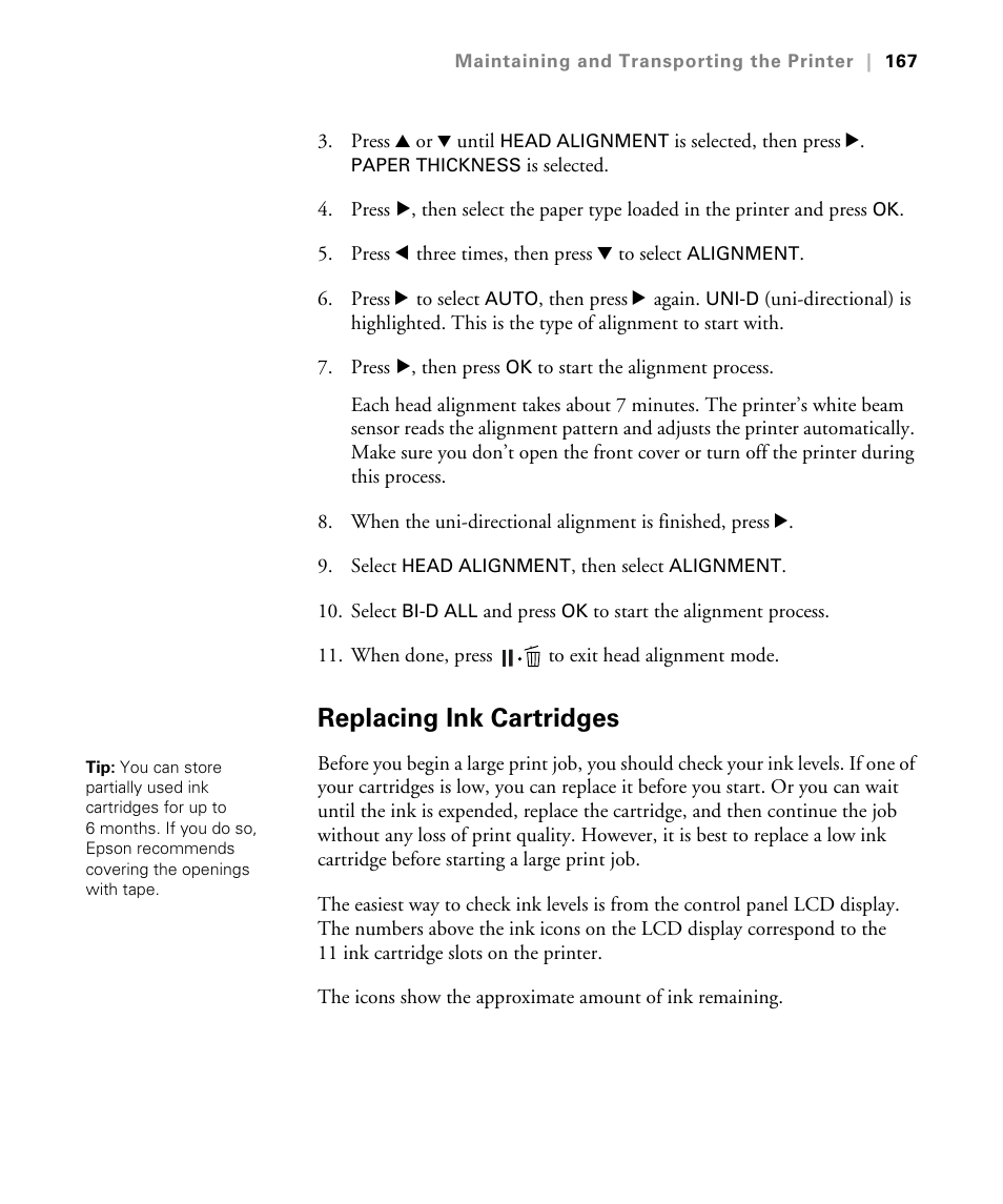 Replacing ink cartridges | Epson STYLUS 7900 User Manual | Page 167 / 238