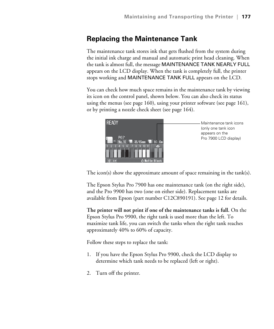 Replacing the maintenance tank | Epson STYLUS 7900 User Manual | Page 177 / 238