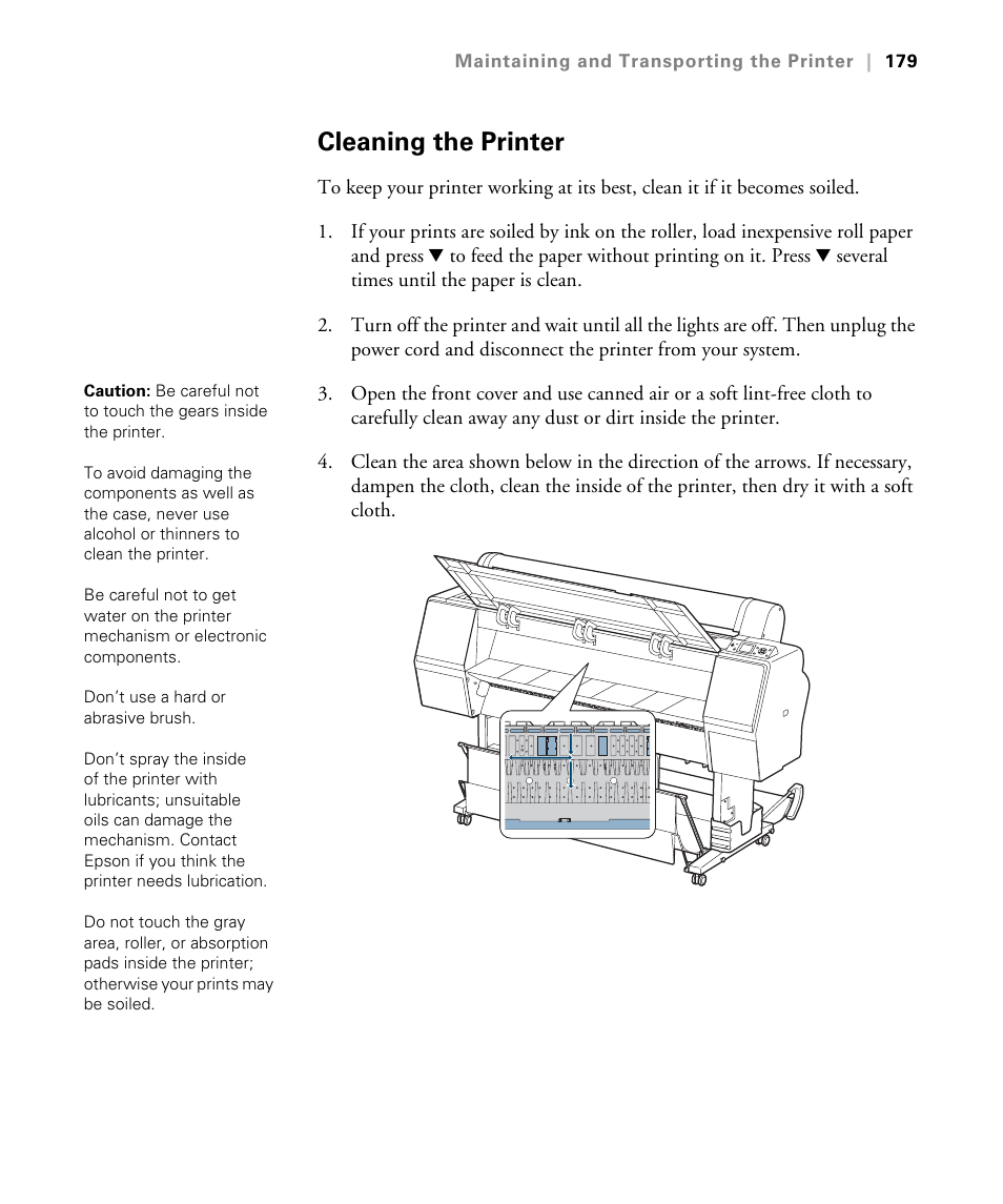 Cleaning the printer | Epson STYLUS 7900 User Manual | Page 179 / 238