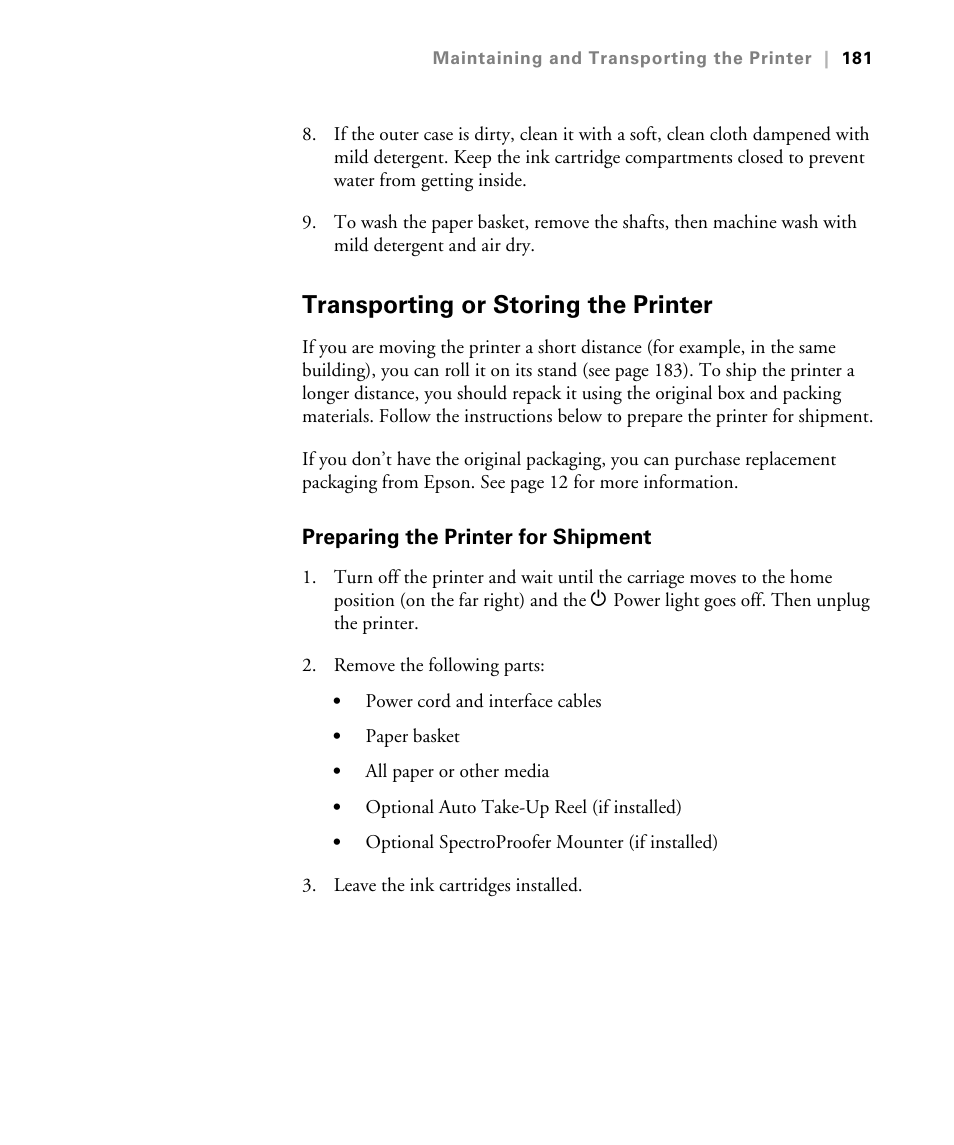 Transporting or storing the printer, Preparing the printer for shipment | Epson STYLUS 7900 User Manual | Page 181 / 238