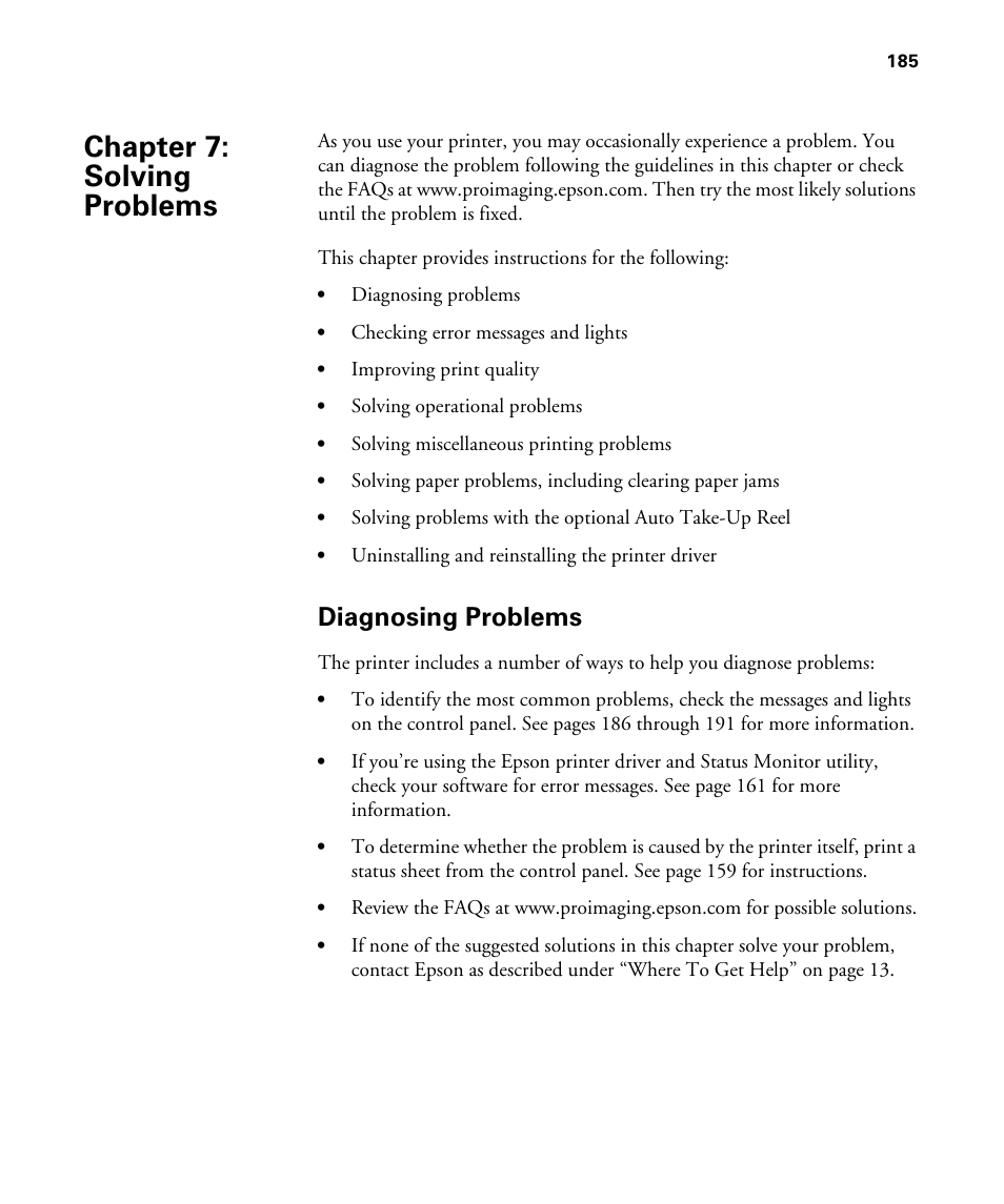 Chap 7-solving problems, Diagnosing problems, 7 solving problems | Chapter 7: solving problems | Epson STYLUS 7900 User Manual | Page 185 / 238