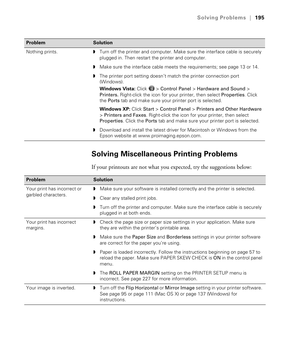 Solving miscellaneous printing problems | Epson STYLUS 7900 User Manual | Page 195 / 238