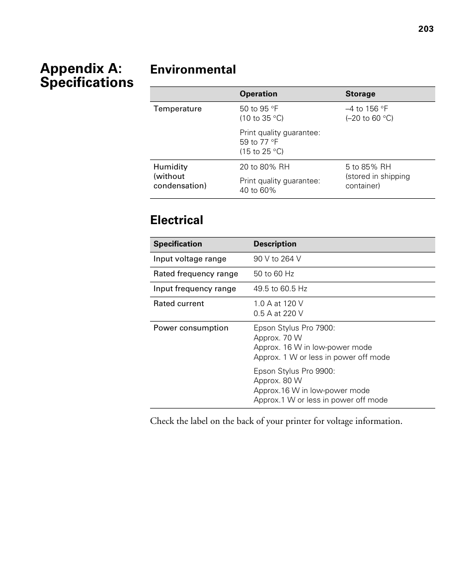 Appendix a: specifications, Environmental, Electrical | A specifications, Environmental electrical | Epson STYLUS 7900 User Manual | Page 203 / 238