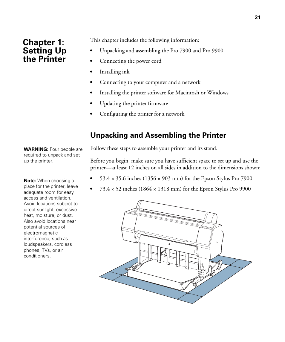 Chap 1-setting up the printer, Unpacking and assembling the printer, 1 setting up the printer | Chapter 1: setting up the printer | Epson STYLUS 7900 User Manual | Page 21 / 238
