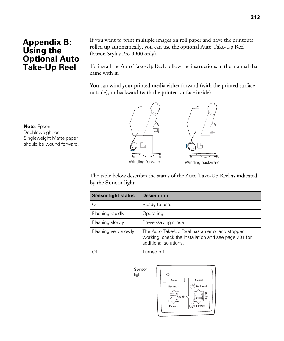 Appendix b: using the optional auto take-up reel, B using the optional auto take-up reel | Epson STYLUS 7900 User Manual | Page 213 / 238