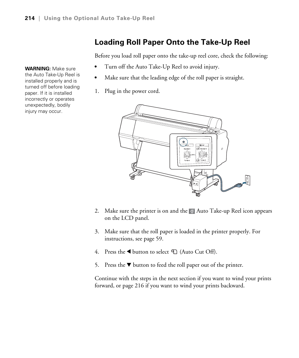 Loading roll paper onto the take-up reel | Epson STYLUS 7900 User Manual | Page 214 / 238