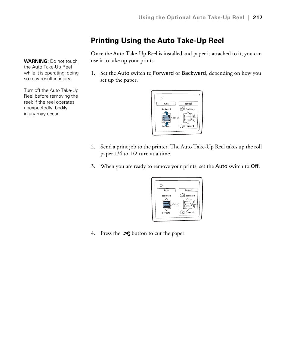 Printing using the auto take-up reel | Epson STYLUS 7900 User Manual | Page 217 / 238
