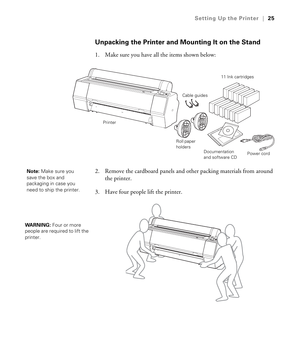 Unpacking the printer and mounting it on the stand | Epson STYLUS 7900 User Manual | Page 25 / 238