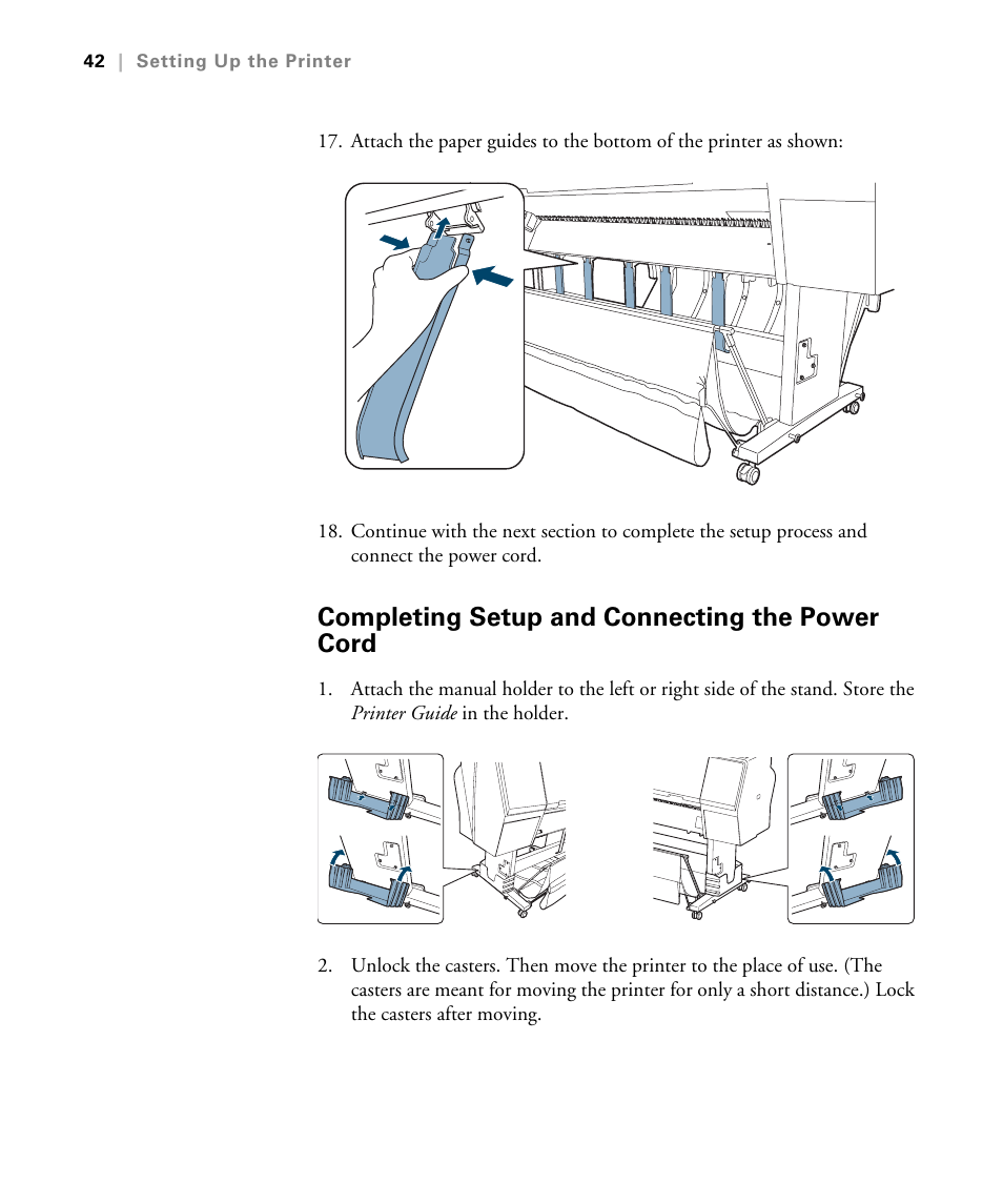 Completing setup and connecting the power cord, Connecting the power cord | Epson STYLUS 7900 User Manual | Page 42 / 238