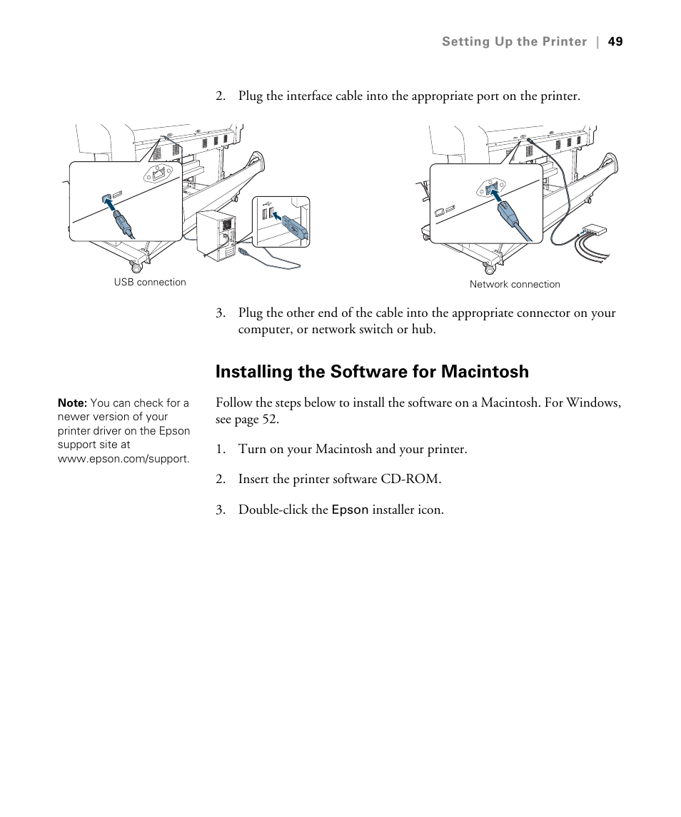 Installing the software for macintosh | Epson STYLUS 7900 User Manual | Page 49 / 238