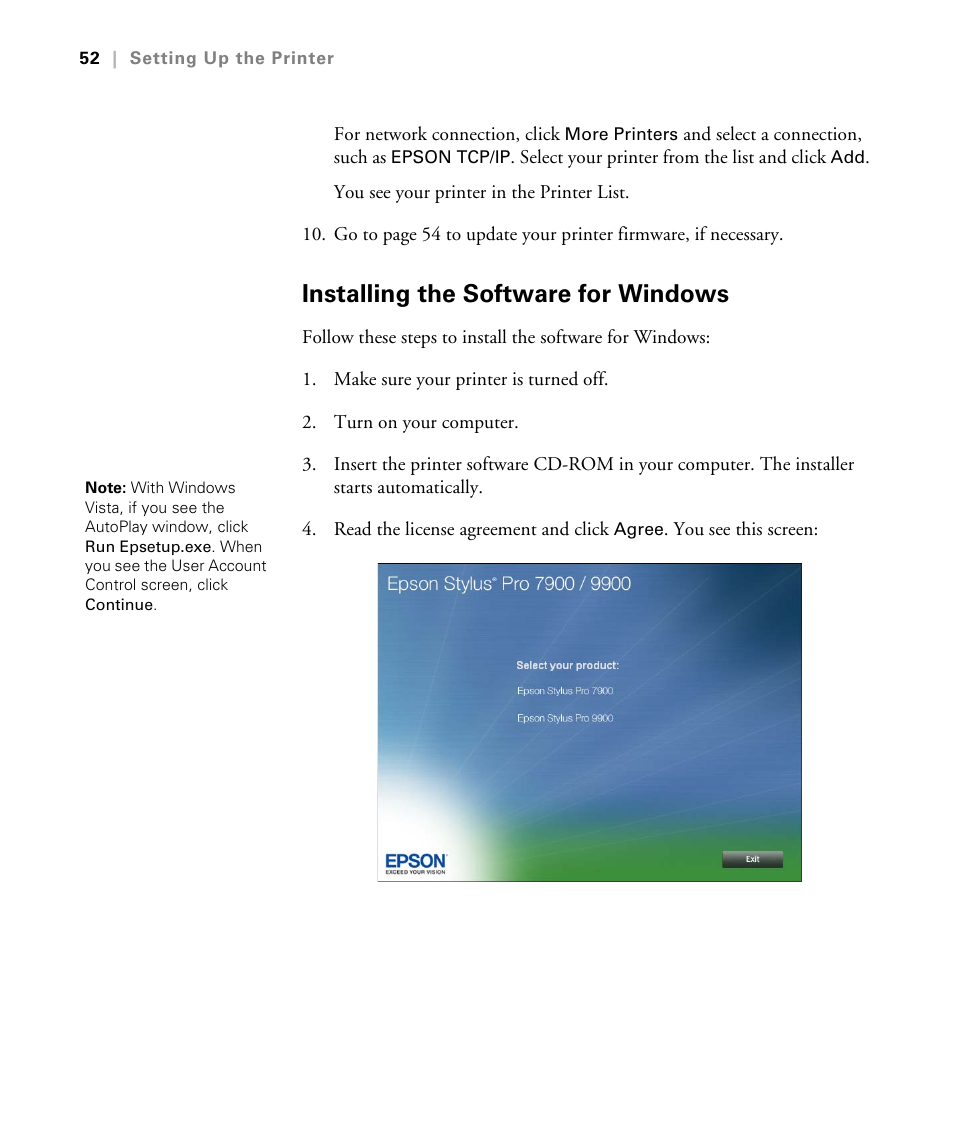 Installing the software for windows | Epson STYLUS 7900 User Manual | Page 52 / 238
