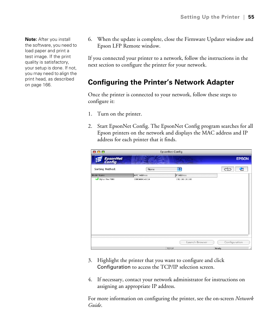 Configuring the printer’s network adapter, Configuring the printer for a network | Epson STYLUS 7900 User Manual | Page 55 / 238