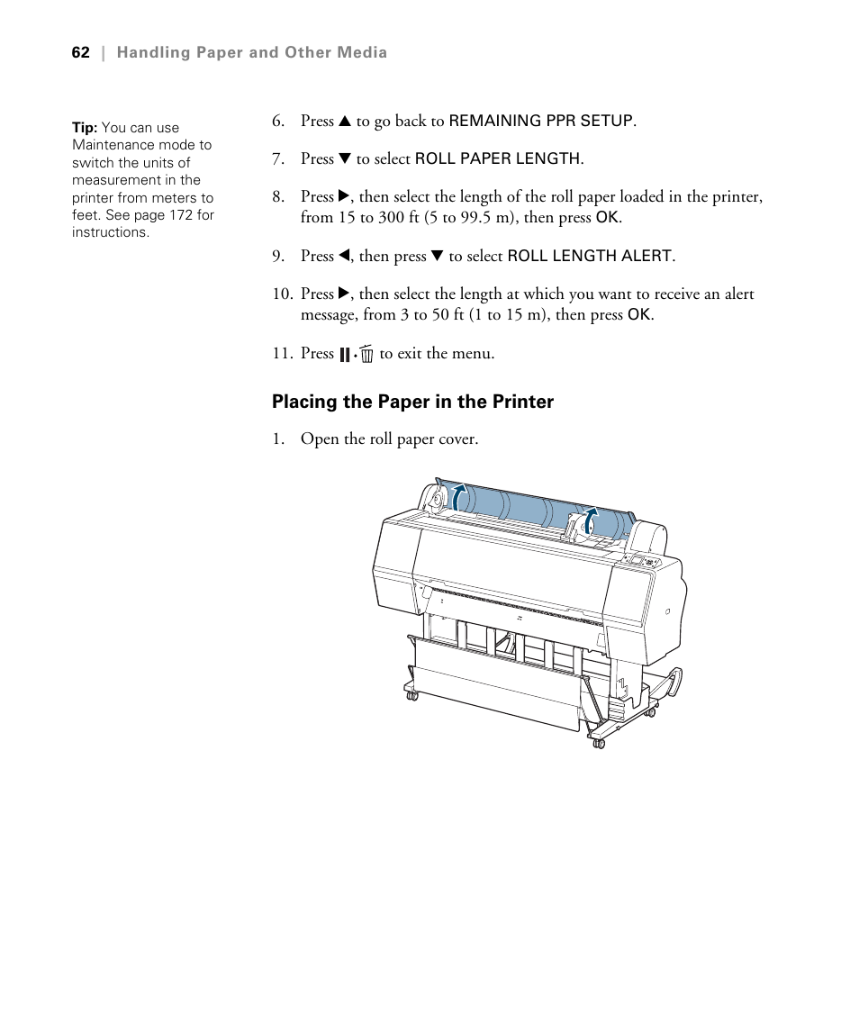 Placing the paper in the printer | Epson STYLUS 7900 User Manual | Page 62 / 238