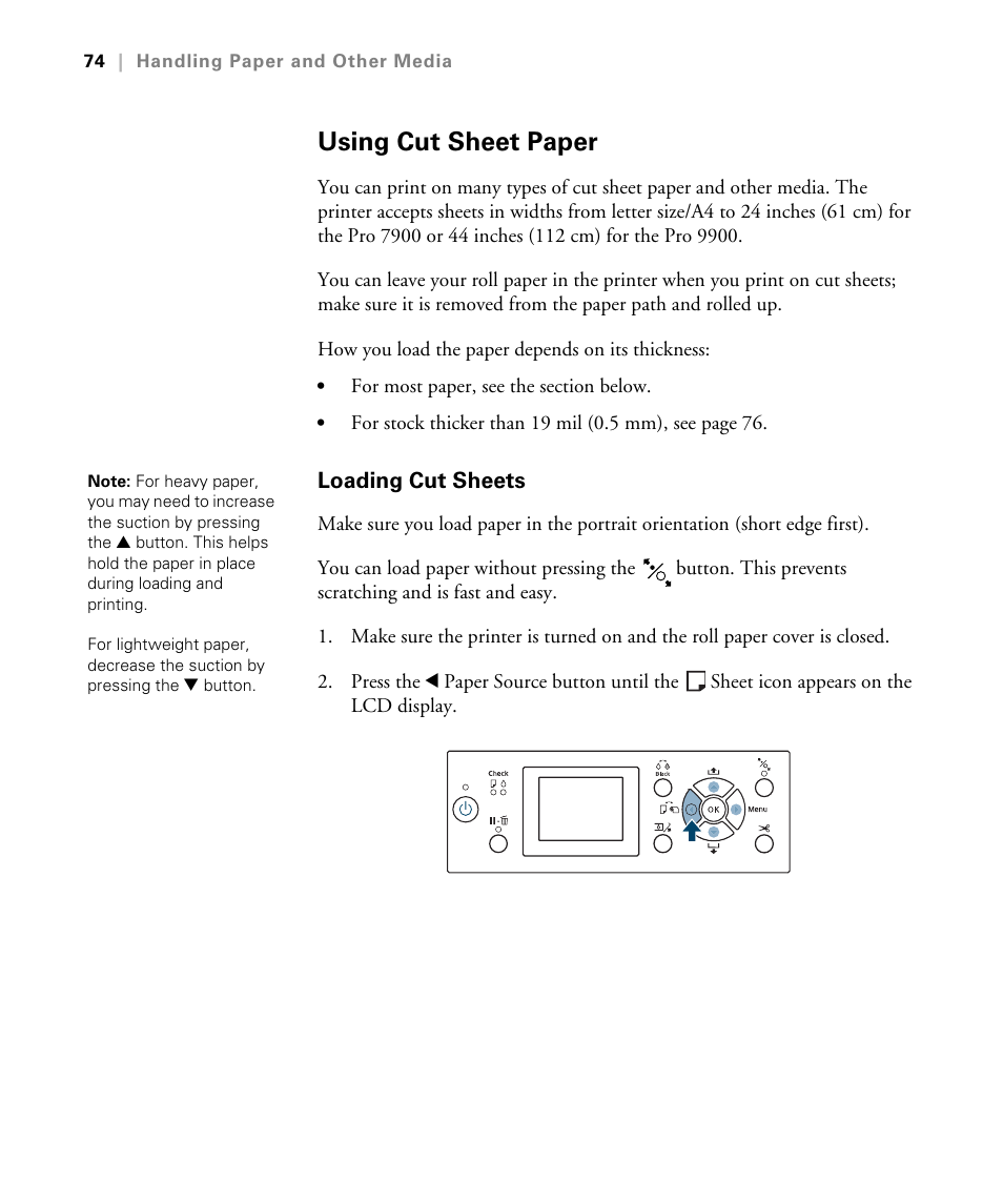 Using cut sheet paper, Loading cut sheets | Epson STYLUS 7900 User Manual | Page 74 / 238