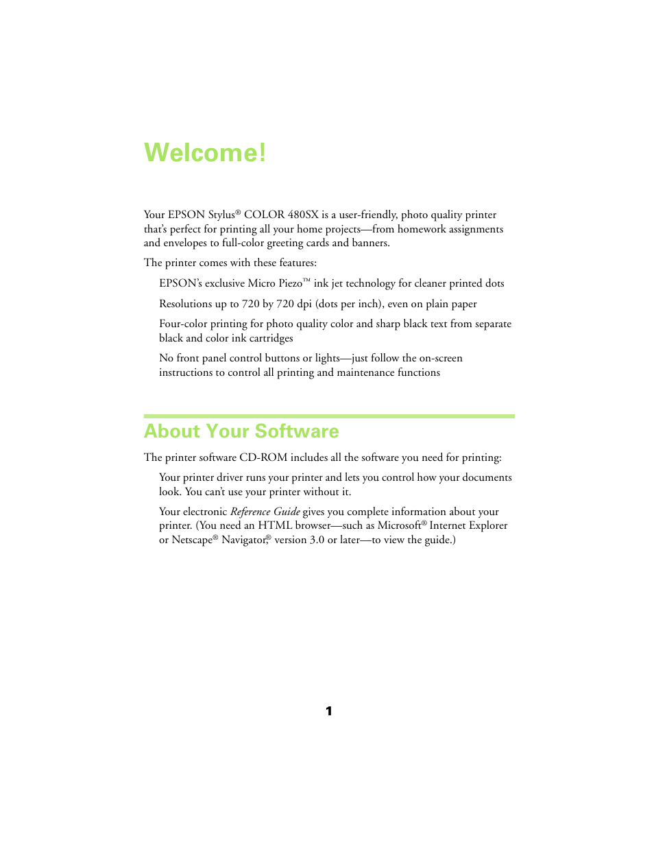 Welcome, About your software, Welcome! 1 | Epson 480SX User Manual | Page 5 / 53