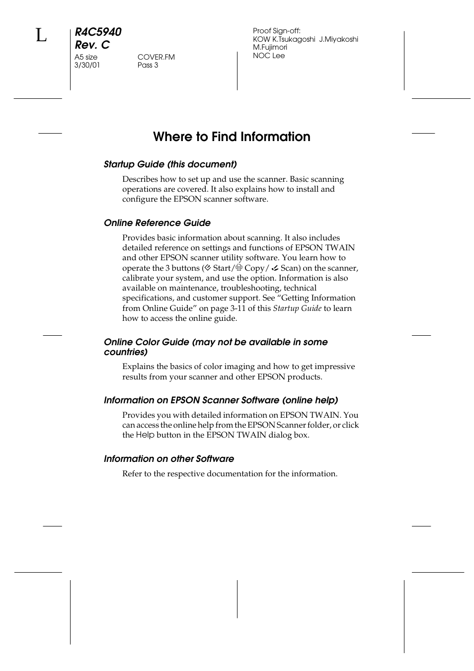 Where to find information, Startup guide (this document), Online reference guide | Information on other software | Epson 1240U Photo User Manual | Page 2 / 48