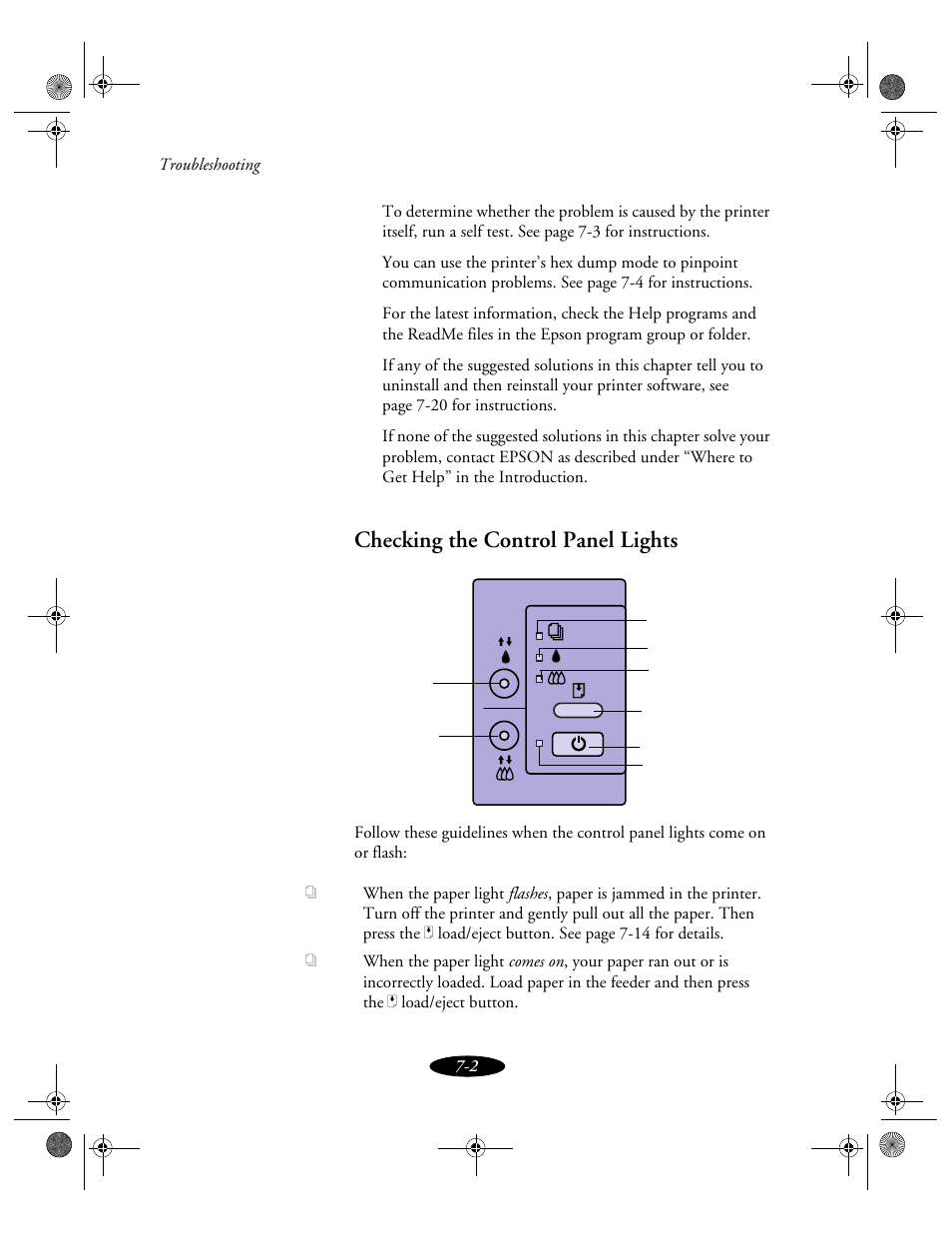 Checking the control panel lights | Epson 850N User Manual | Page 130 / 179