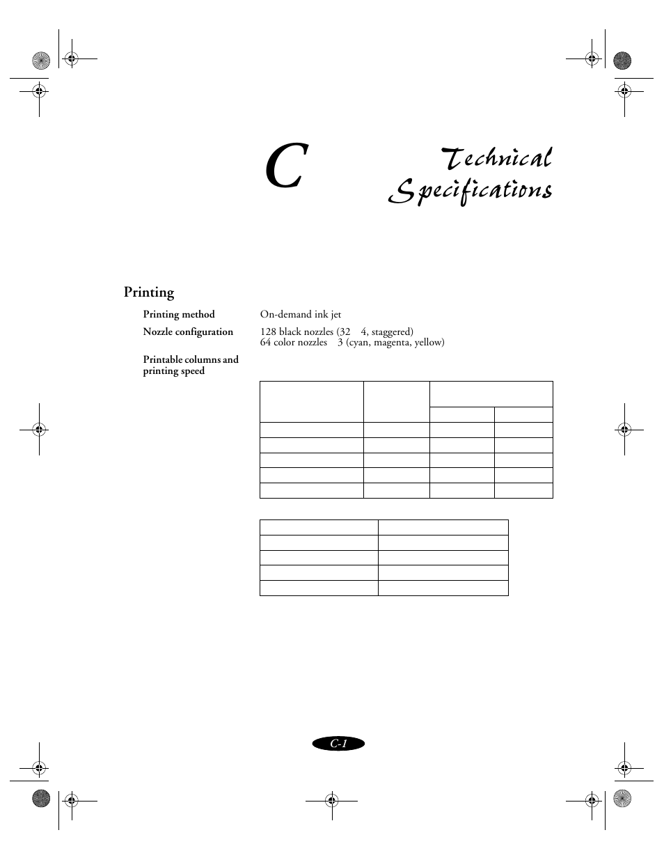 Appendix c-technical specifications, Technical specifications, Printing | Epson 850N User Manual | Page 160 / 179
