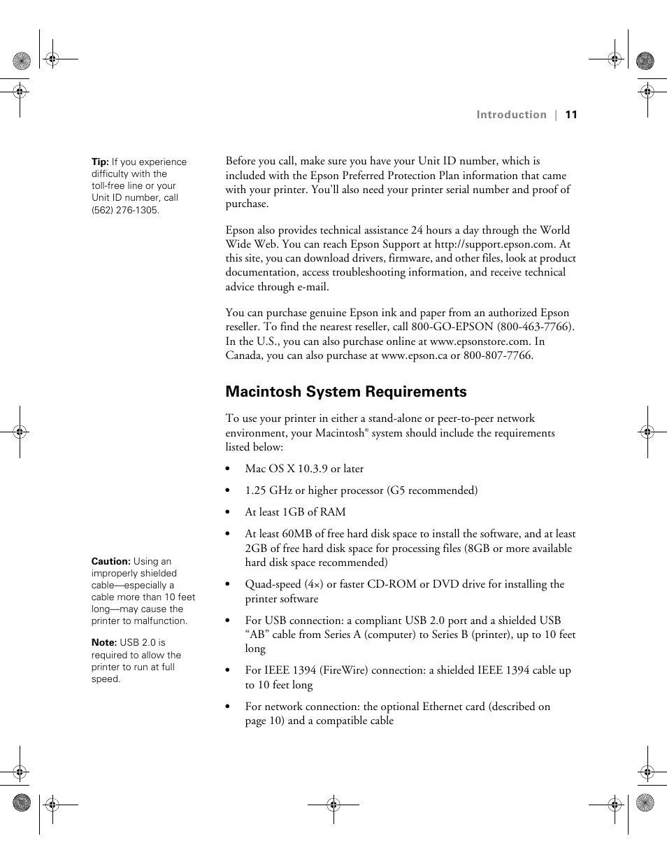Macintosh system requirements | Epson PRO 4800 User Manual | Page 11 / 160