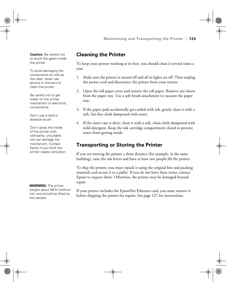 Cleaning the printer, Transporting or storing the printer | Epson PRO 4800 User Manual | Page 123 / 160